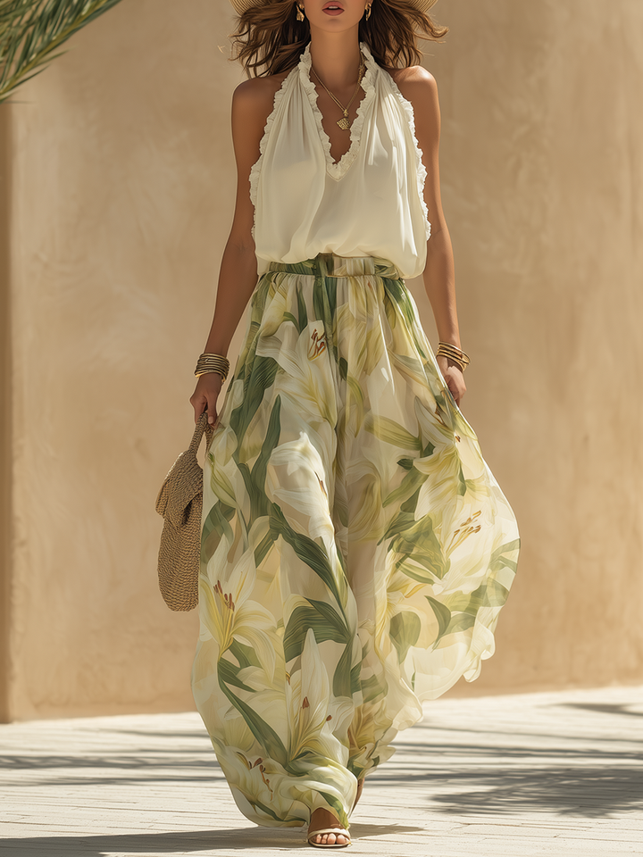 Lily Bloom Maxi Set — White Halter Top + Floral Skirt