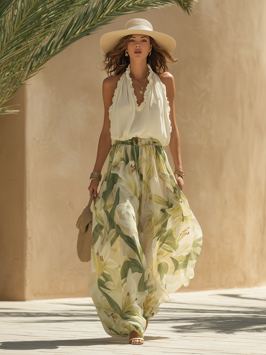 Lily Bloom Maxi Set — White Halter Top + Floral Skirt