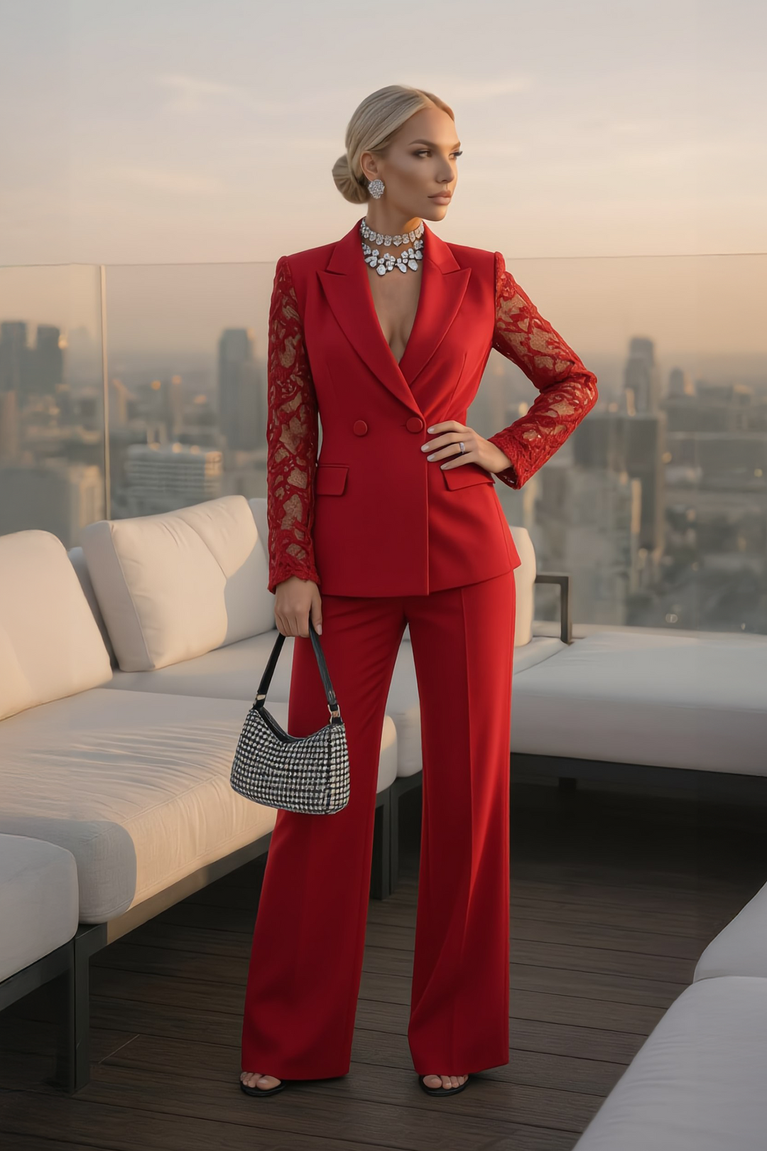 The Elegant Lace Sleeve Blazer Set