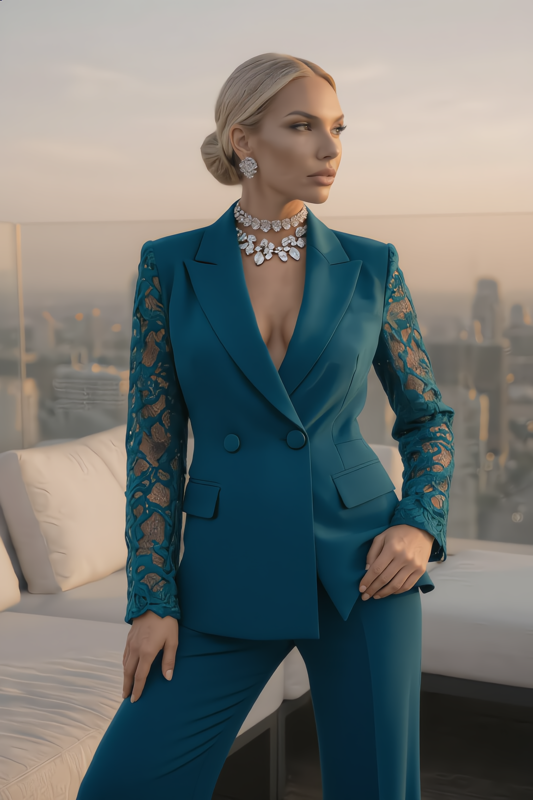 The Elegant Lace Sleeve Blazer Set