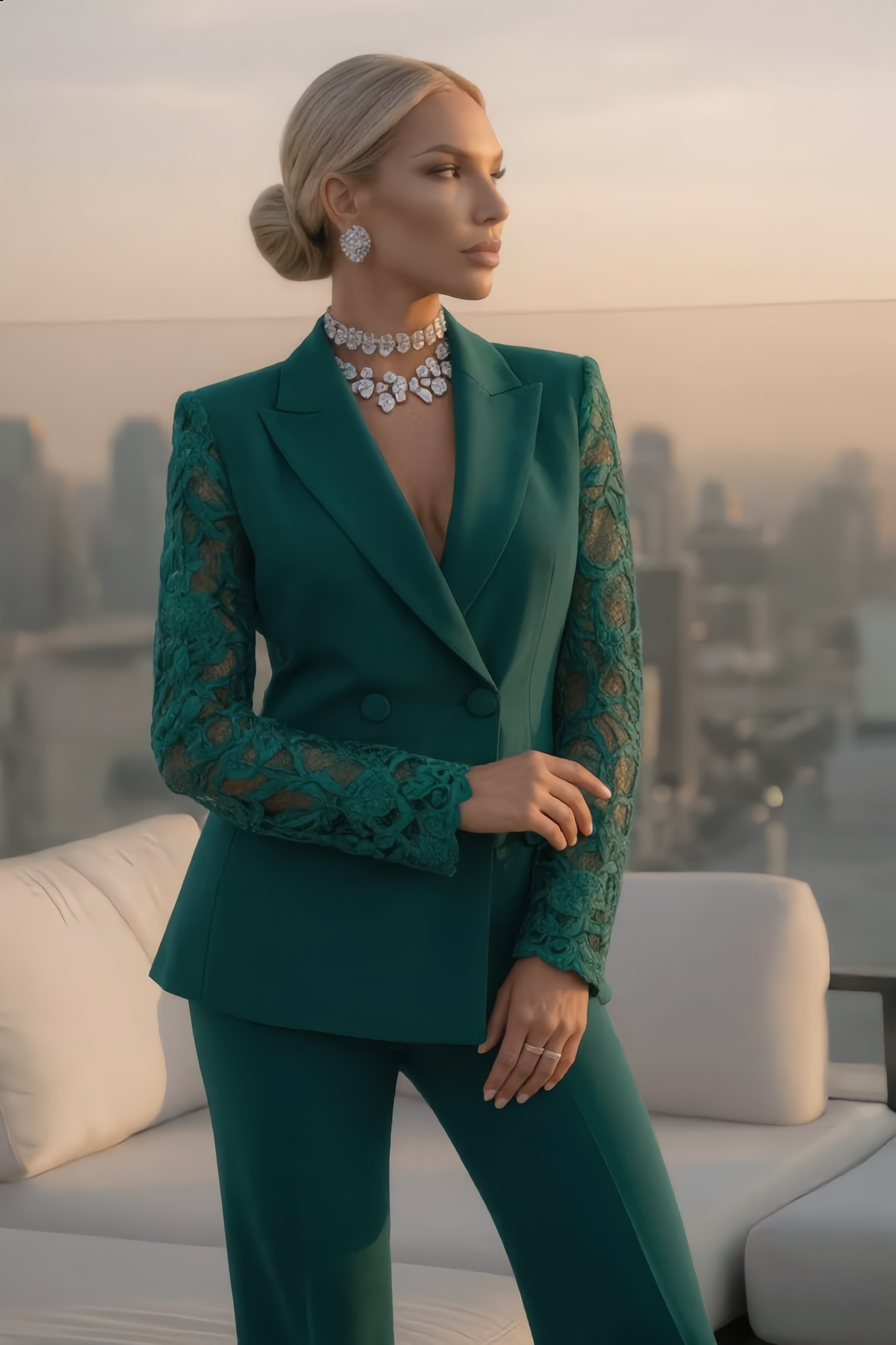 The Elegant Lace Sleeve Blazer Set